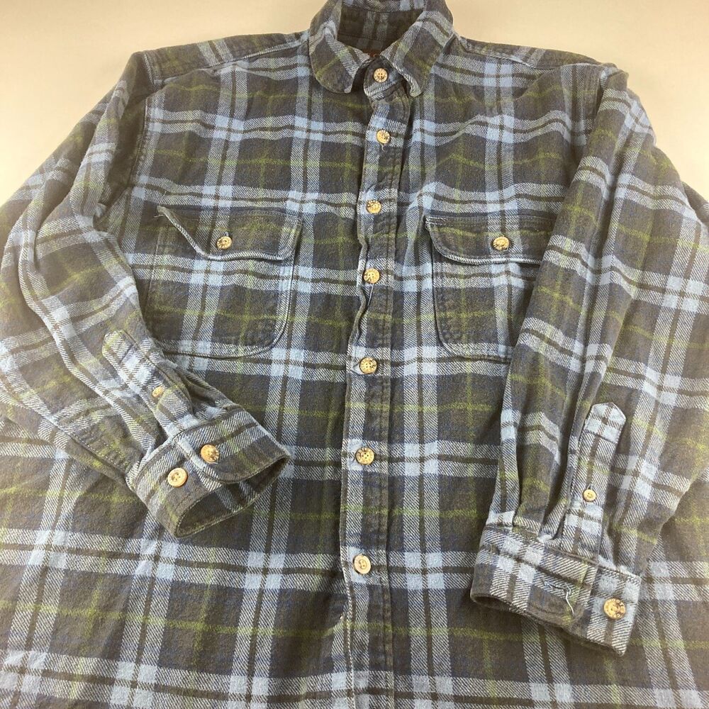 Moose Creek Heavy Flannel Shirt Mens L Blue Green Plaid Cotton Outdoor Workwear